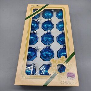 Vintage Pyramid Glass Box of 15 Christmas Ornaments 2" Blue